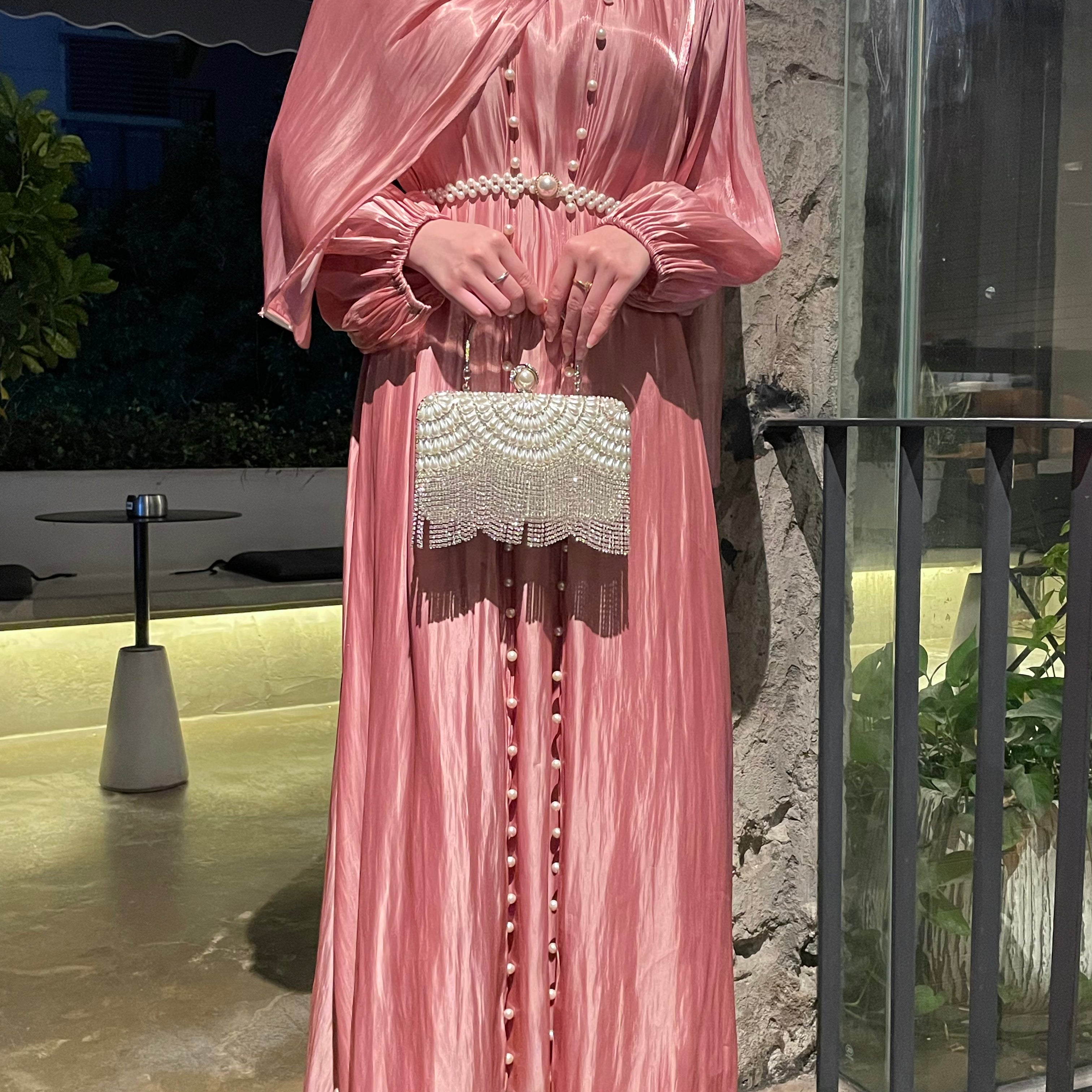 #CL03 Luxury 5-Piece Silk Abaya Set | Pearl-Embellished Belt & Kaftan Dress for Weddings & Evening Galas