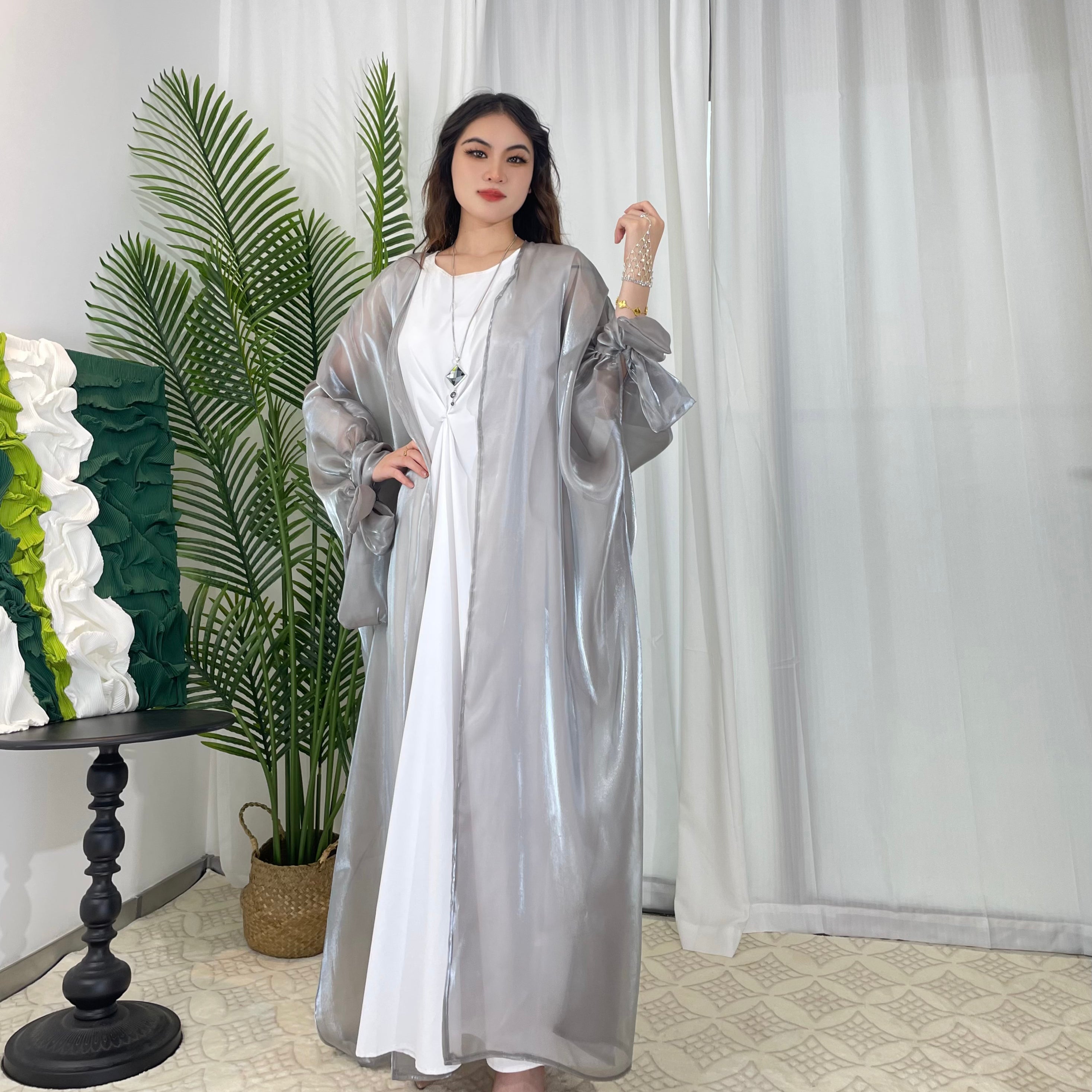 #CL15 Luxury Open Front Abaya | Organza with Silk-like Sheen ✦ 5 Sizes for Tall Women