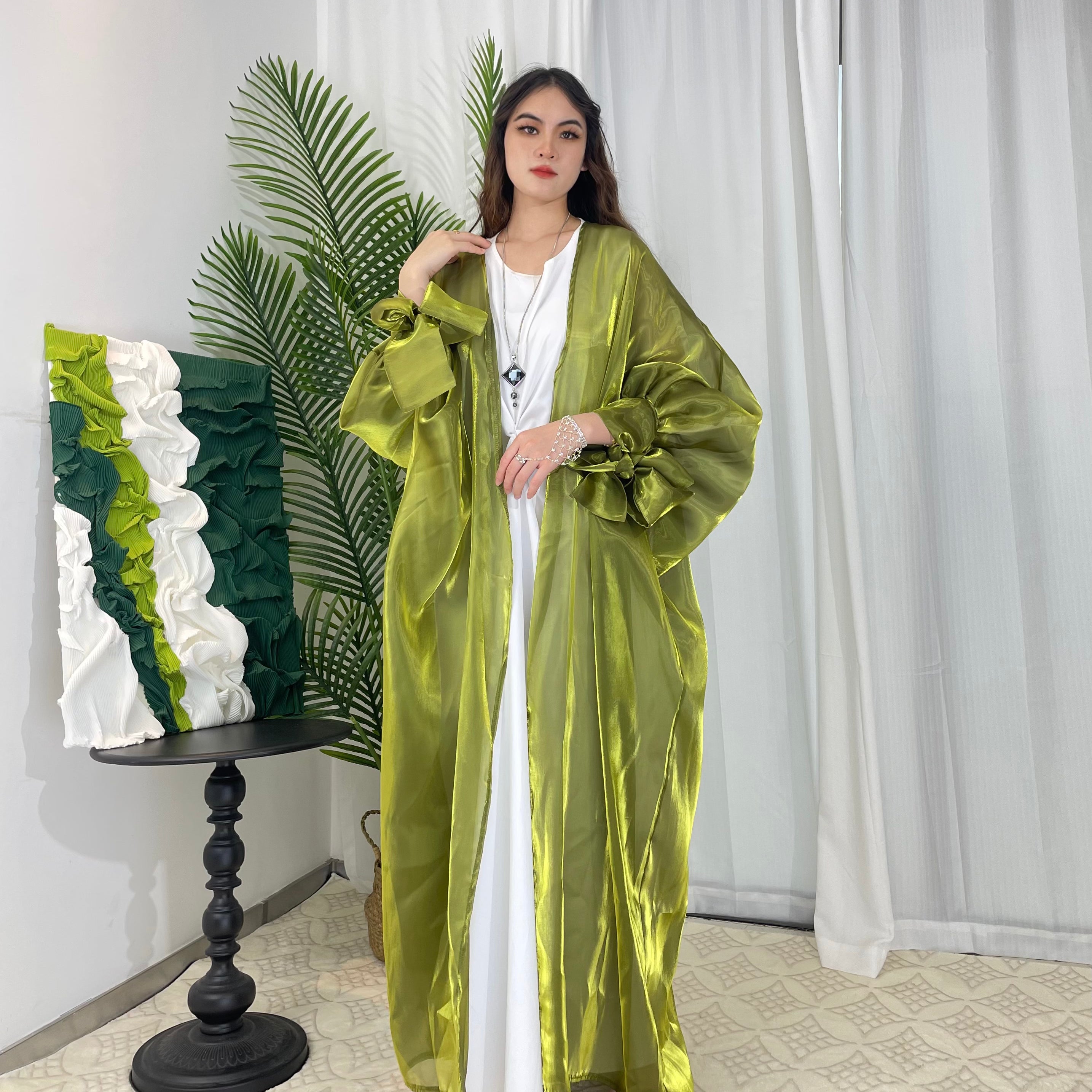 #CL15 Luxury Open Front Abaya | Organza with Silk-like Sheen ✦ 5 Sizes for Tall Women