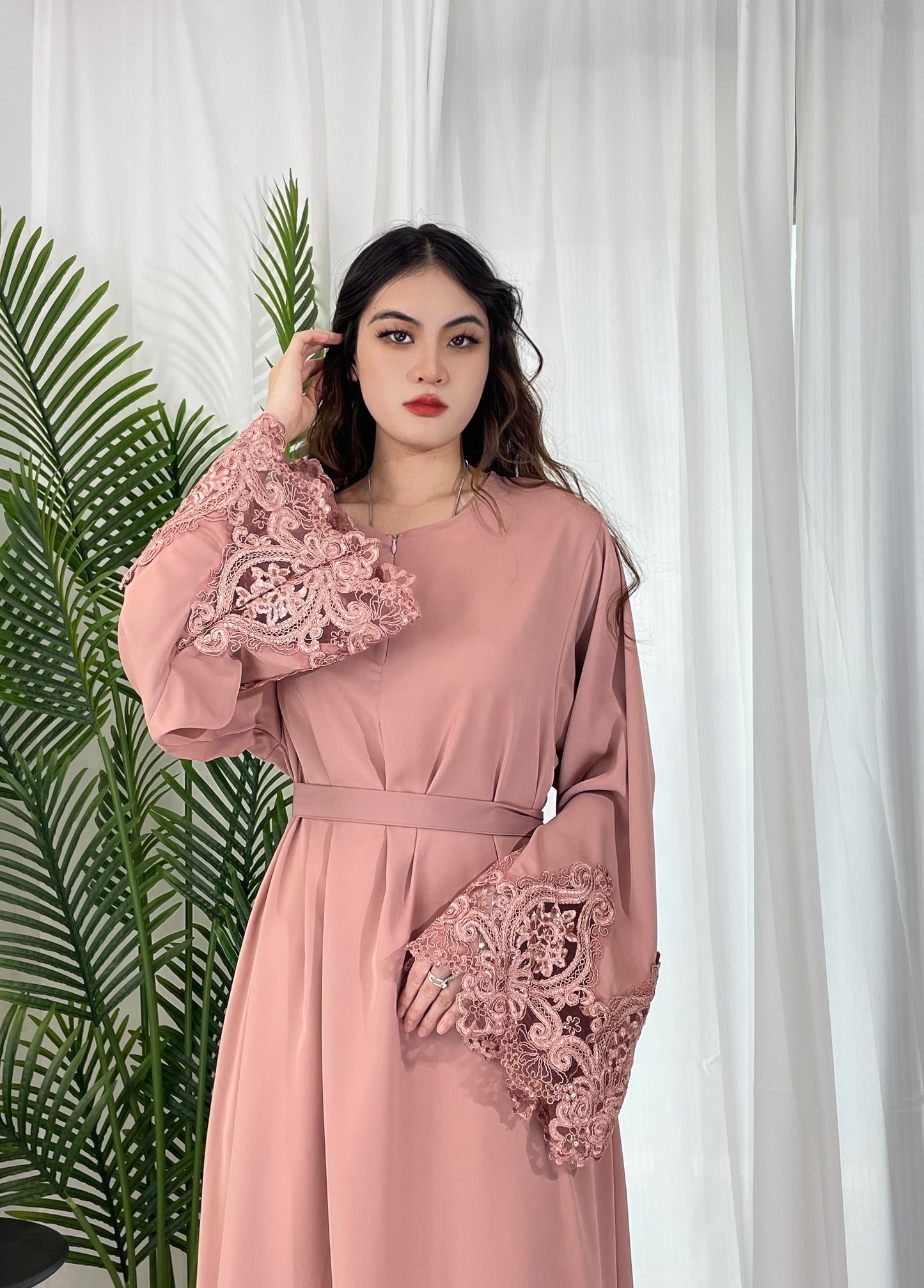 #CL13 Luxury Lace-Trimmed Abaya Dress | Solid Color Long Muslim Robe for Women ✦ 4 Colors 5 Sizes