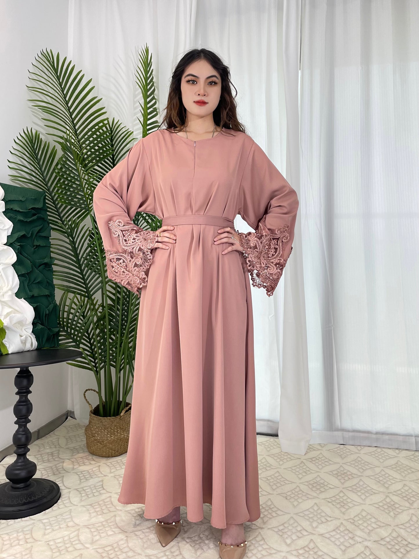 #CL13 Luxury Lace-Trimmed Abaya Dress | Solid Color Long Muslim Robe for Women ✦ 4 Colors 5 Sizes