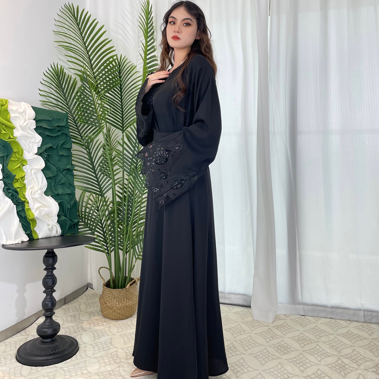 #CL13 Luxury Lace-Trimmed Abaya Dress | Solid Color Long Muslim Robe for Women ✦ 4 Colors 5 Sizes