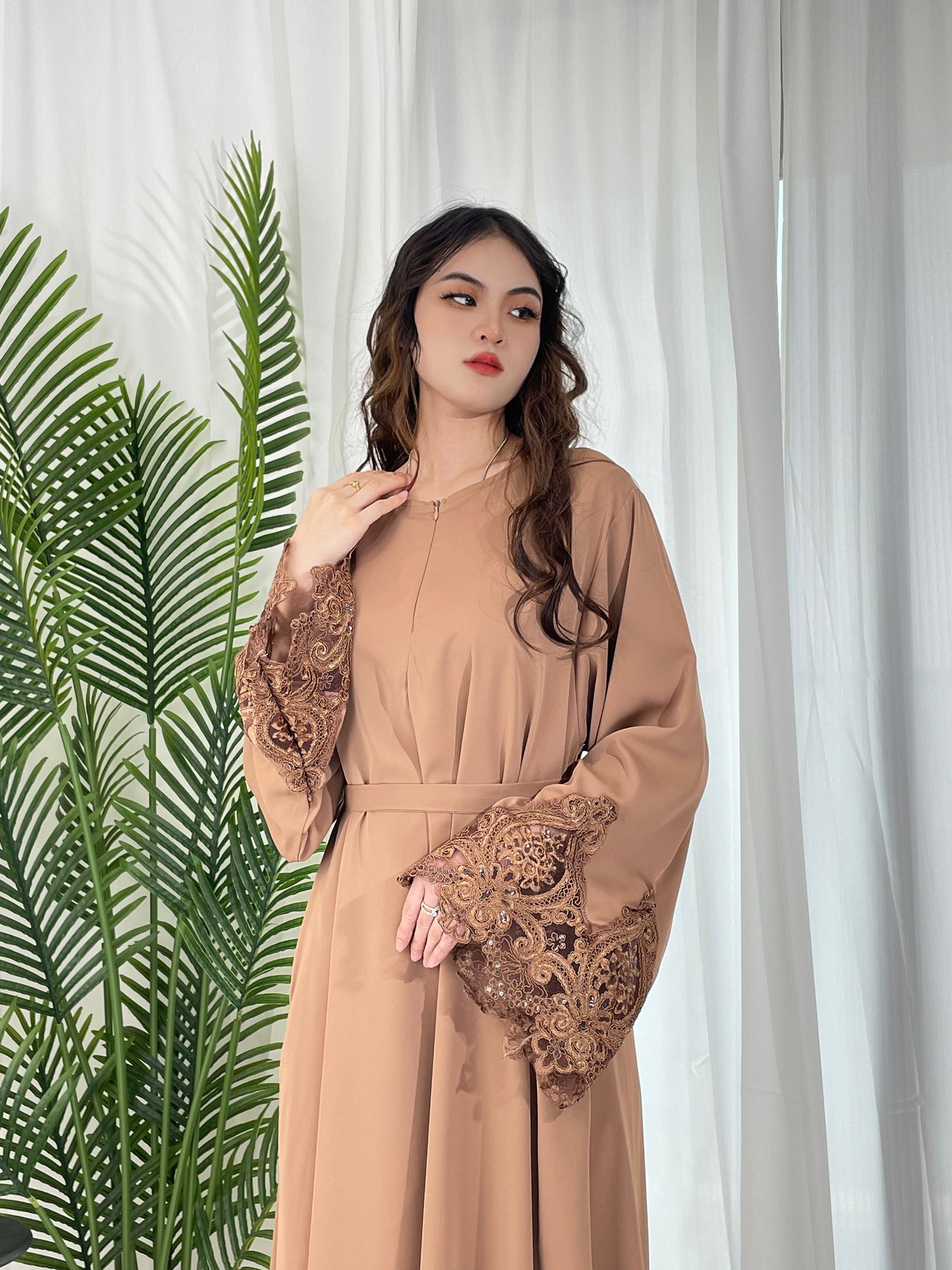 #CL13 Luxury Lace-Trimmed Abaya Dress | Solid Color Long Muslim Robe for Women ✦ 4 Colors 5 Sizes