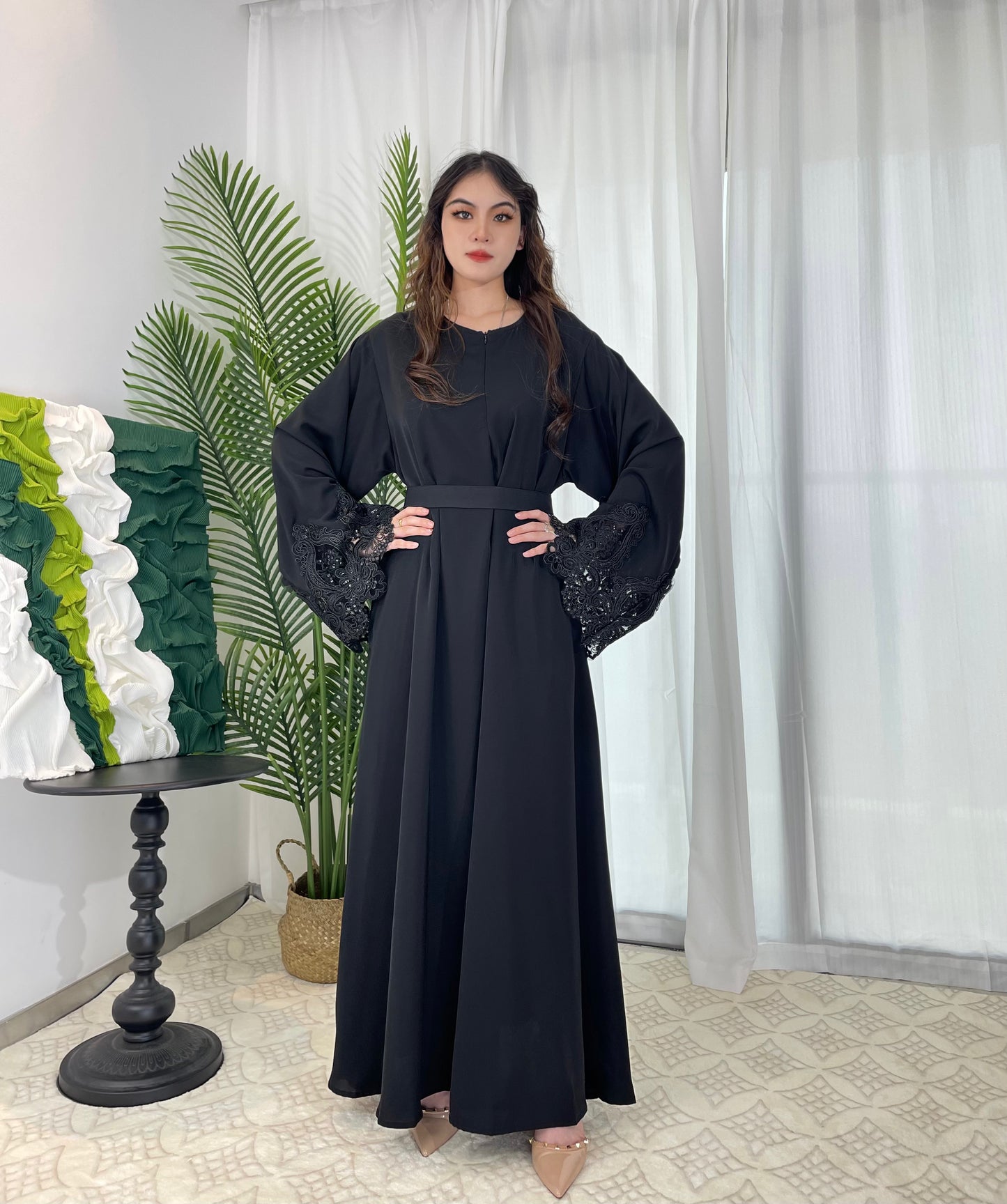 #CL13 Luxury Lace-Trimmed Abaya Dress | Solid Color Long Muslim Robe for Women ✦ 4 Colors 5 Sizes