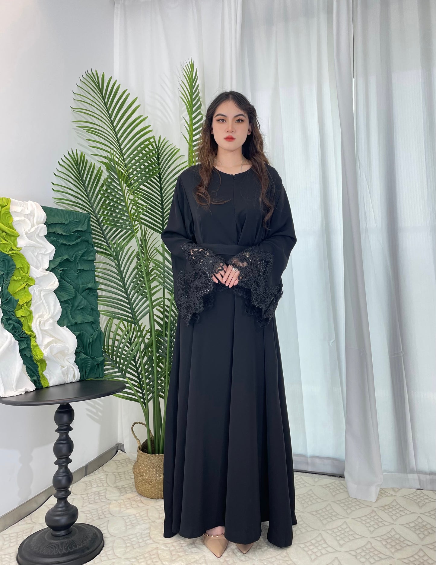 #CL13 Luxury Lace-Trimmed Abaya Dress | Solid Color Long Muslim Robe for Women ✦ 4 Colors 5 Sizes