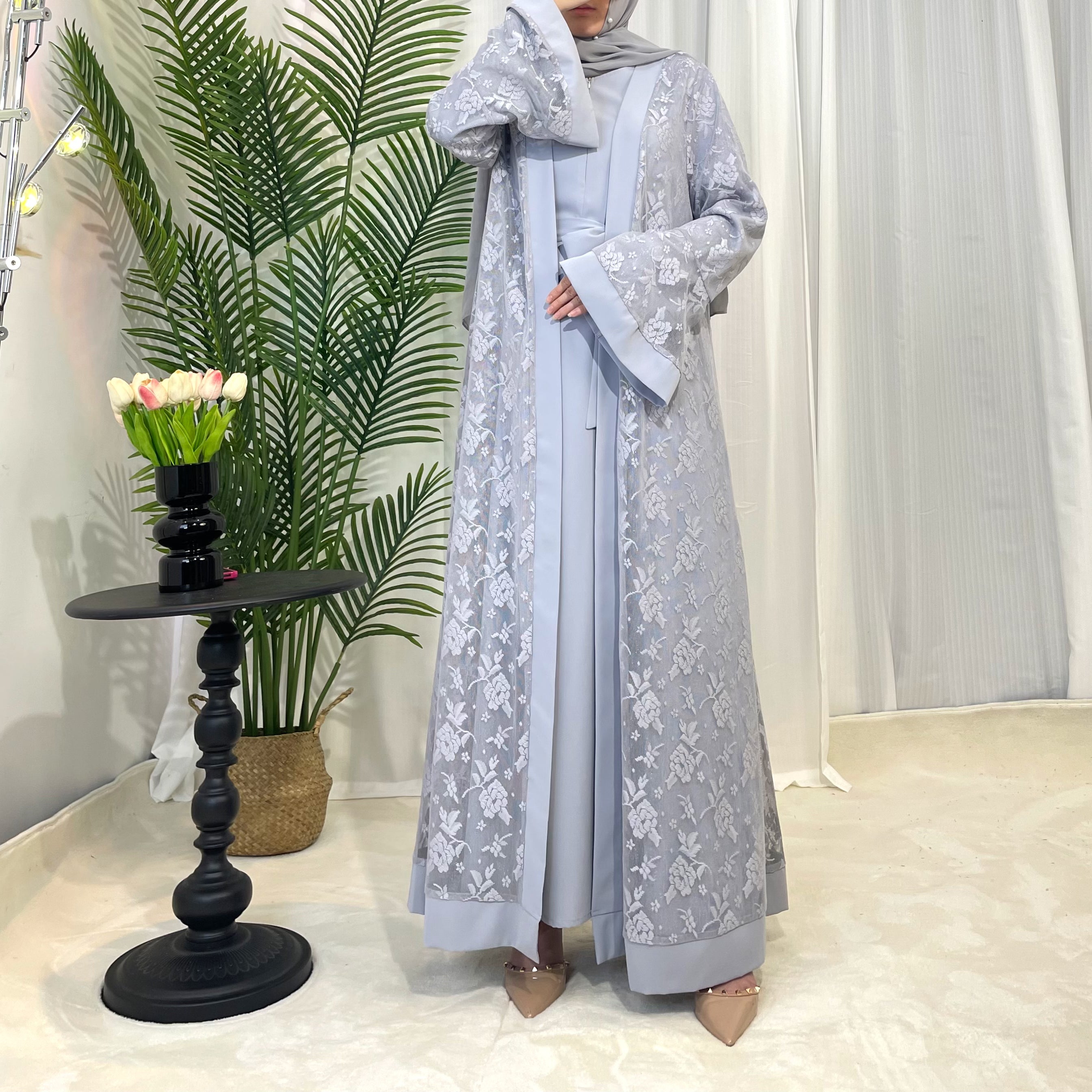 CL59 Lace two-piece outfit, lace abaya , inner dress and cardigan, nida abaya muslim dress