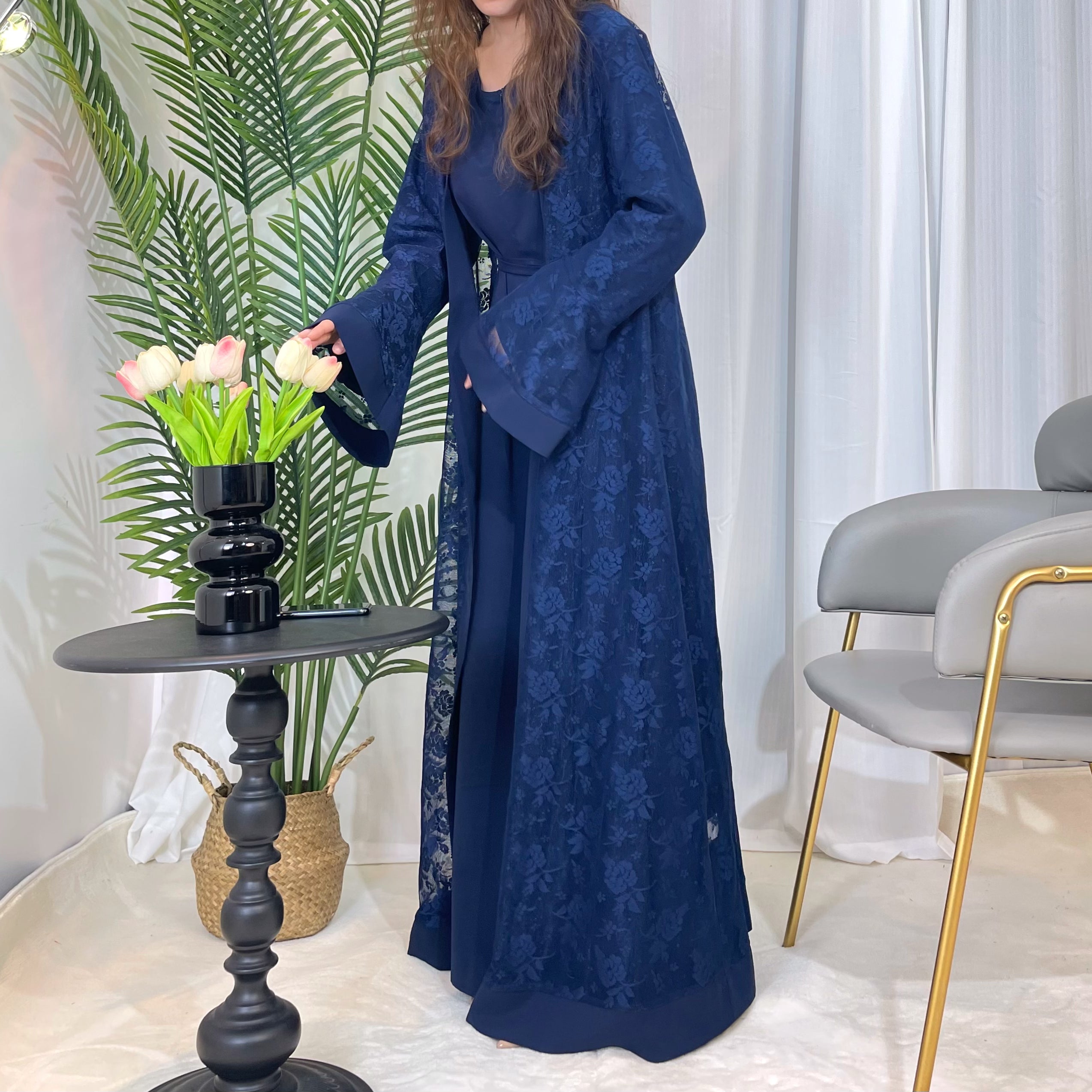 CL59 Lace two-piece outfit, lace abaya , inner dress and cardigan, nida abaya muslim dress
