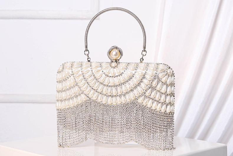 #CL33  Luxe Pearl Accent Clutch ✦ Metallic Evening Bag with Cascading Beadwork (Silver/Gold)