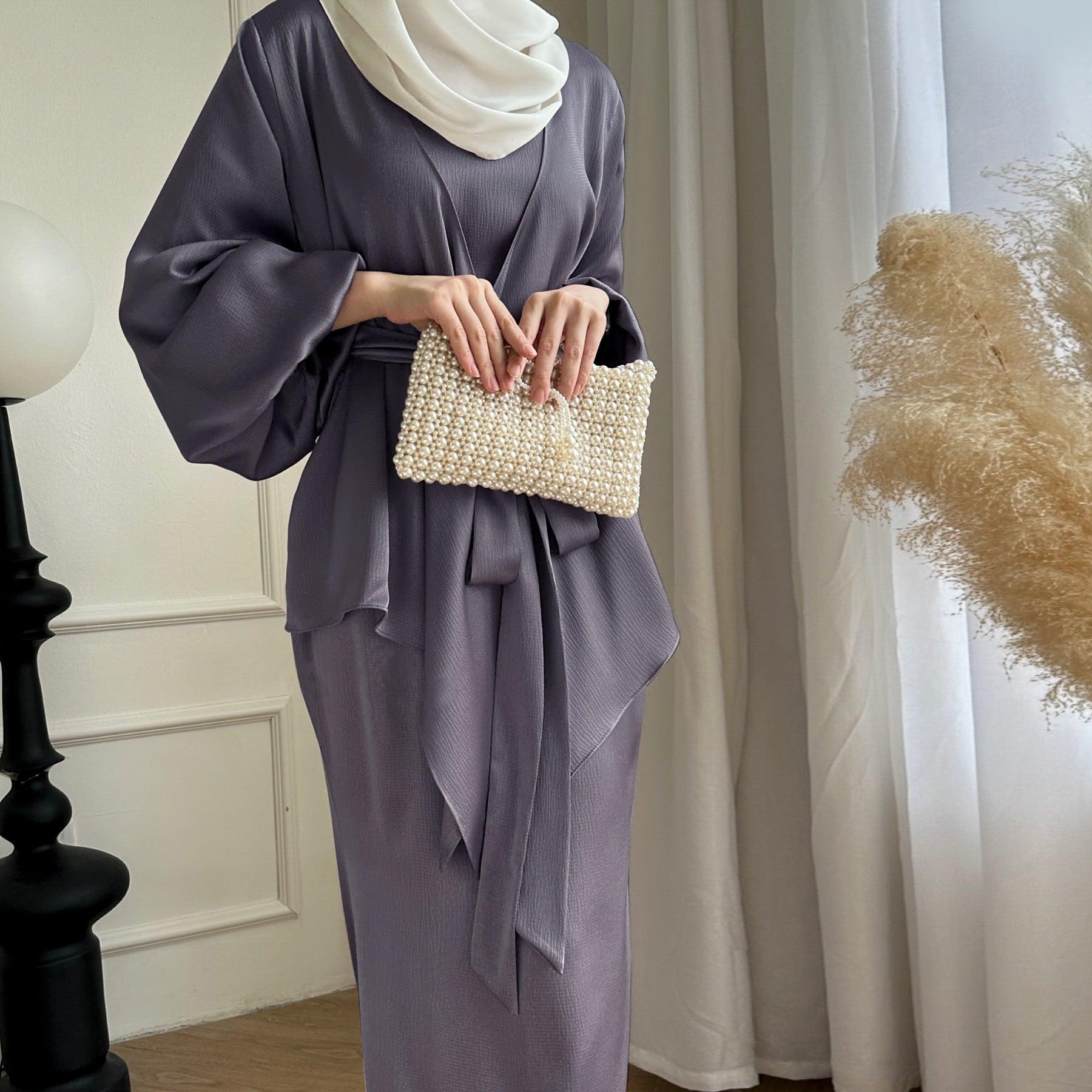 #CL22 Japanese-Style 3-Piece Abaya Set | Soft Silky Modest Dress with Belt & Lining (4 Colors)