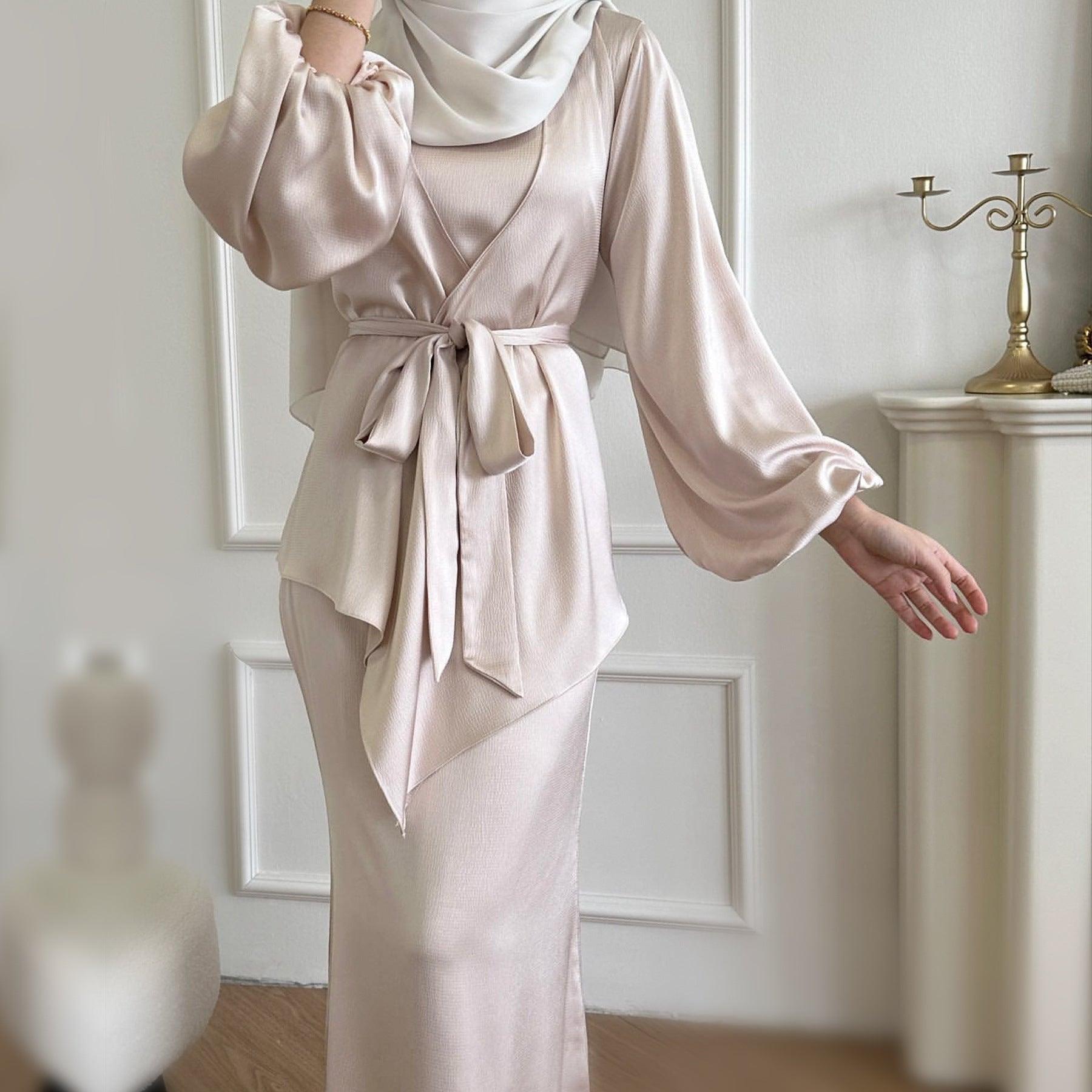 #CL22 Japanese-Style 3-Piece Abaya Set | Soft Silky Modest Dress with Belt & Lining (4 Colors)