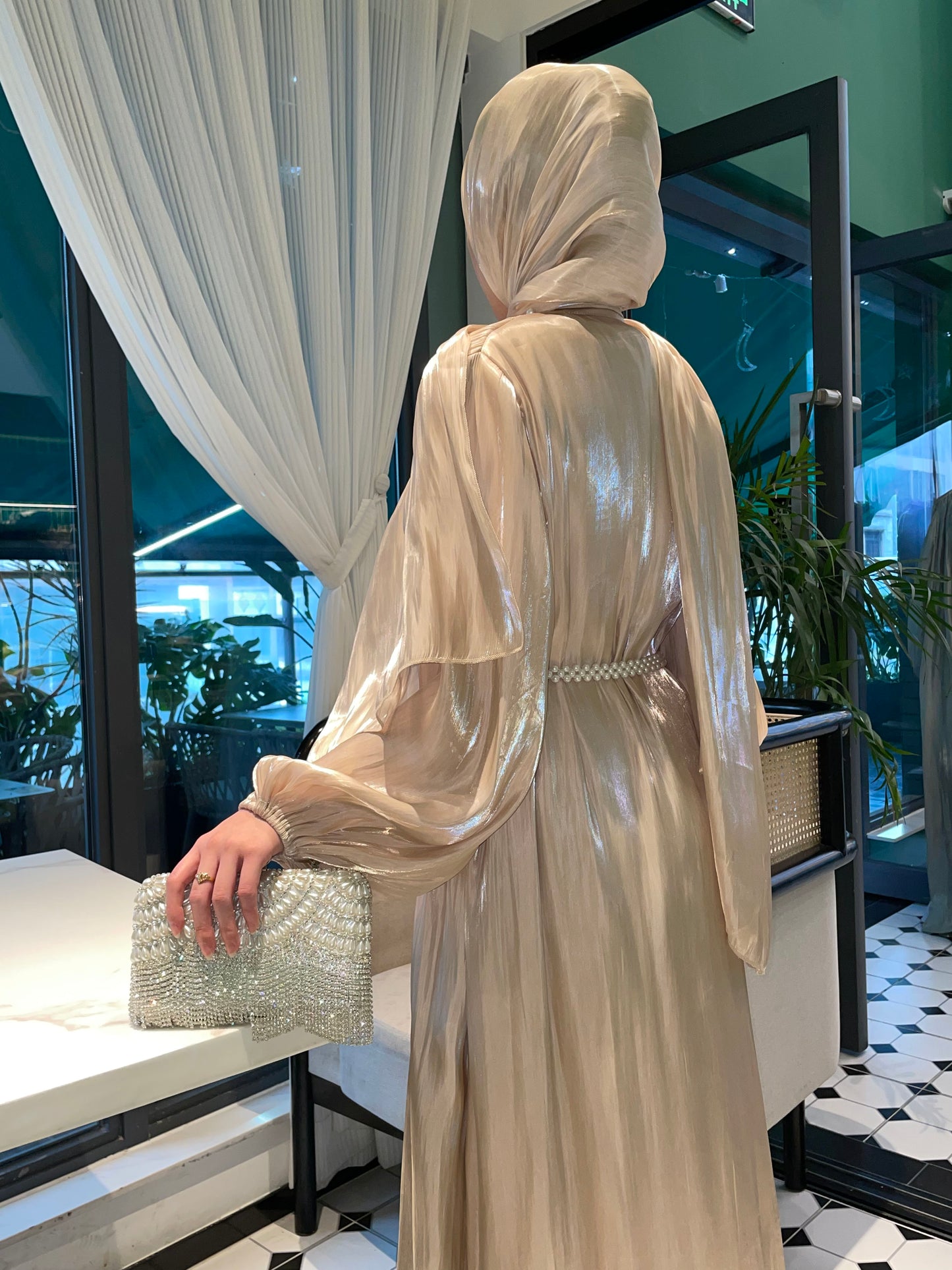 #CL03 Luxury 5-Piece Silk Abaya Set | Pearl-Embellished Belt & Kaftan Dress for Weddings & Evening Galas