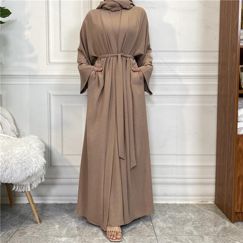 #CL19 Solid Abaya Outfit, Four-piece Set Cotton And Linen Abaya, Muslim long dress