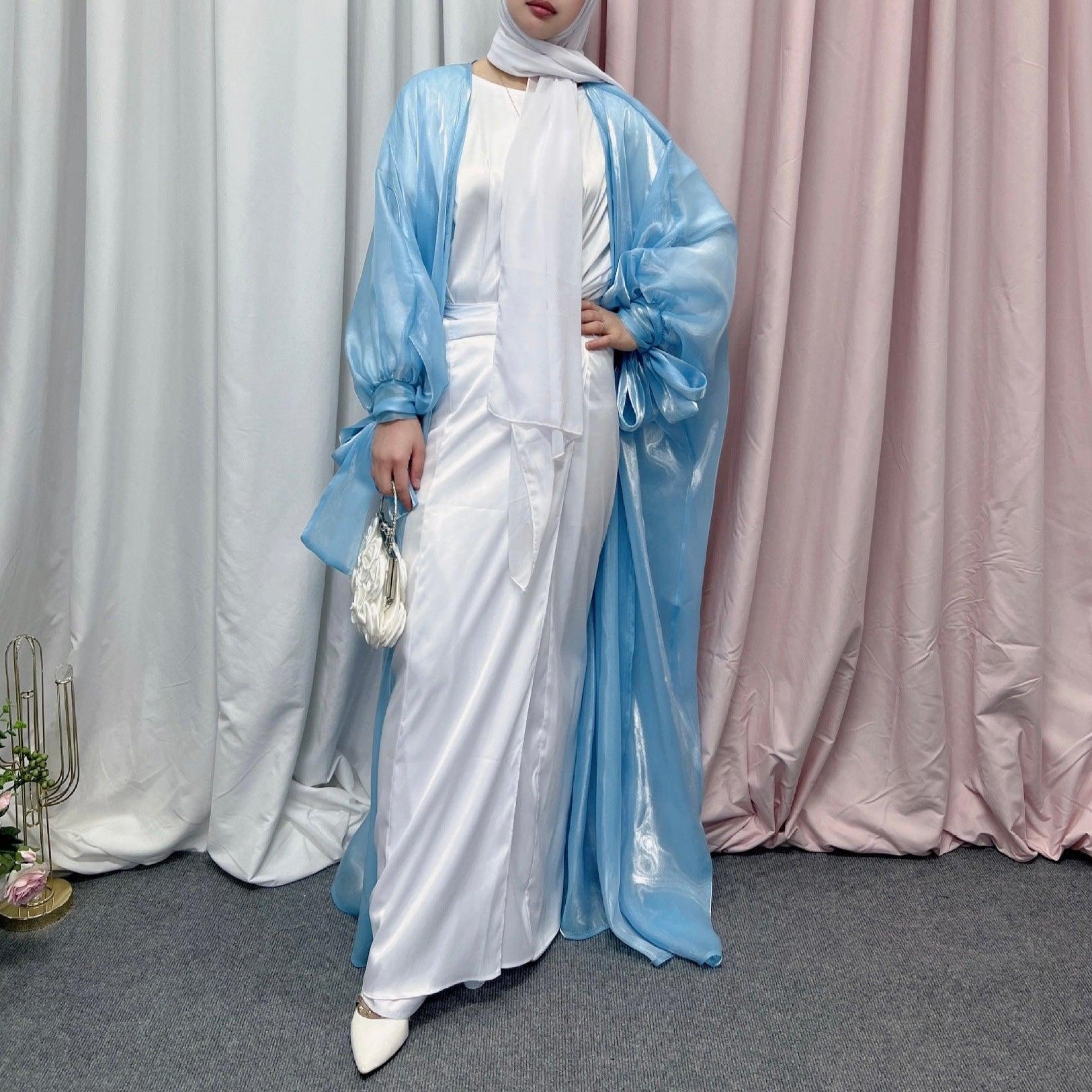 #CL15 Luxury Open Front Abaya | Organza with Silk-like Sheen ✦ 5 Sizes for Tall Women