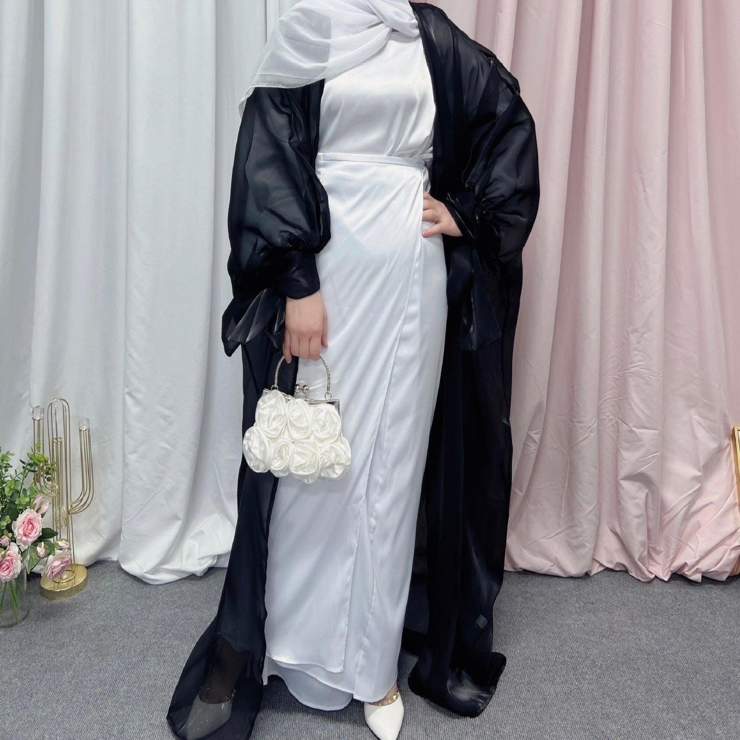 #CL15 Luxury Open Front Abaya | Organza with Silk-like Sheen ✦ 5 Sizes for Tall Women