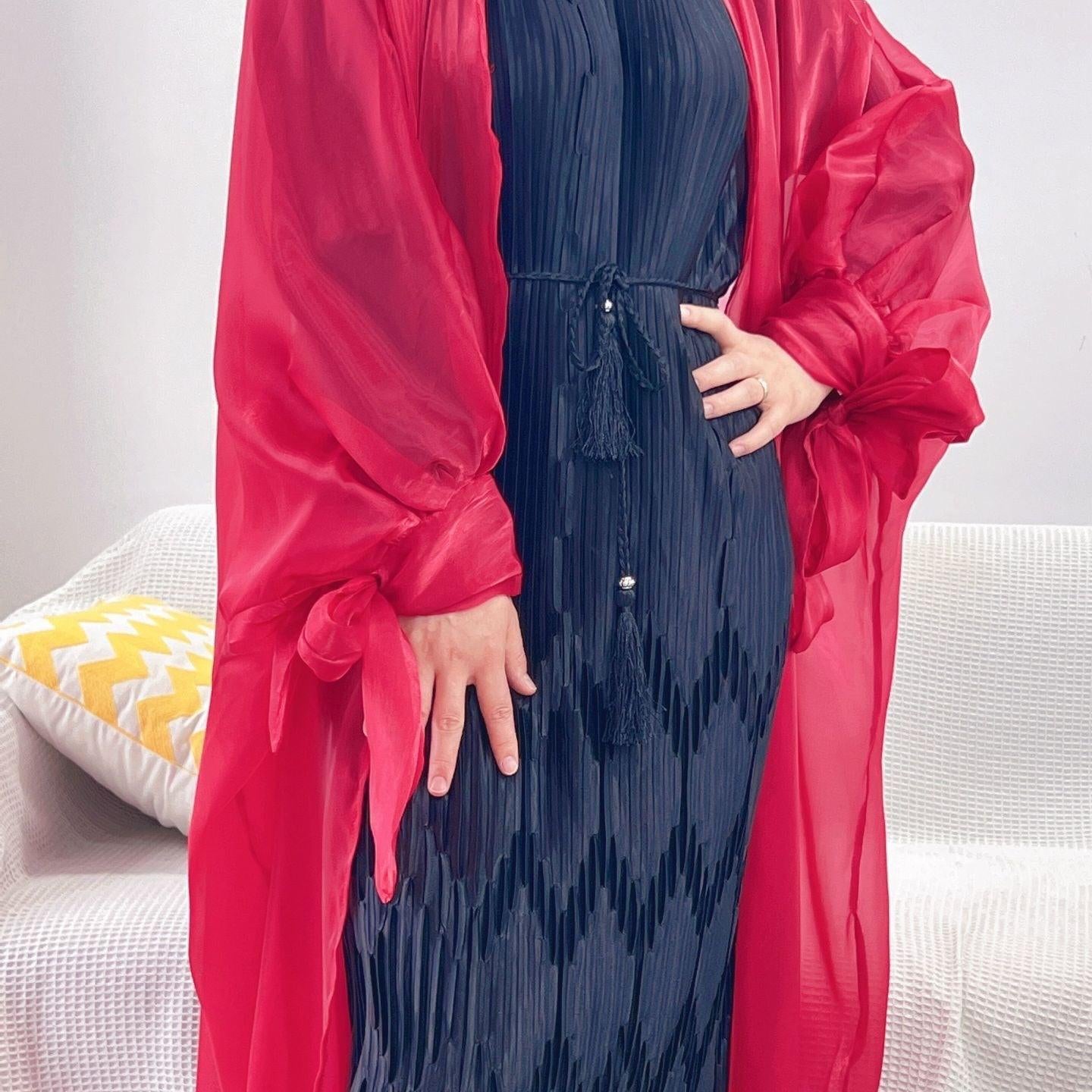 #CL15 Luxury Open Front Abaya | Organza with Silk-like Sheen ✦ 5 Sizes for Tall Women